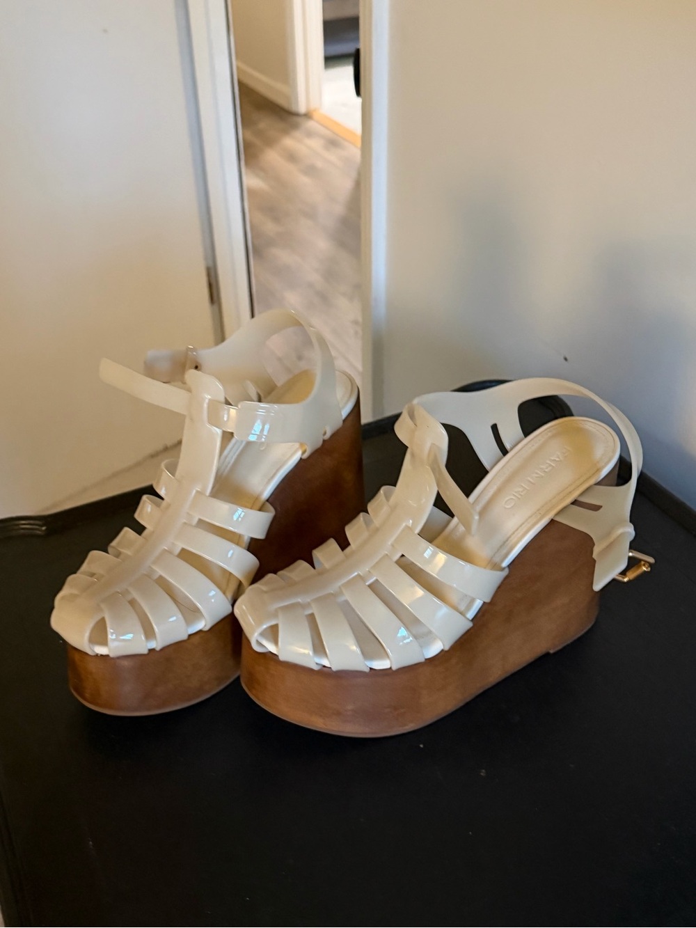 FARM Rio Cream Patent Platform Wedge Sandals